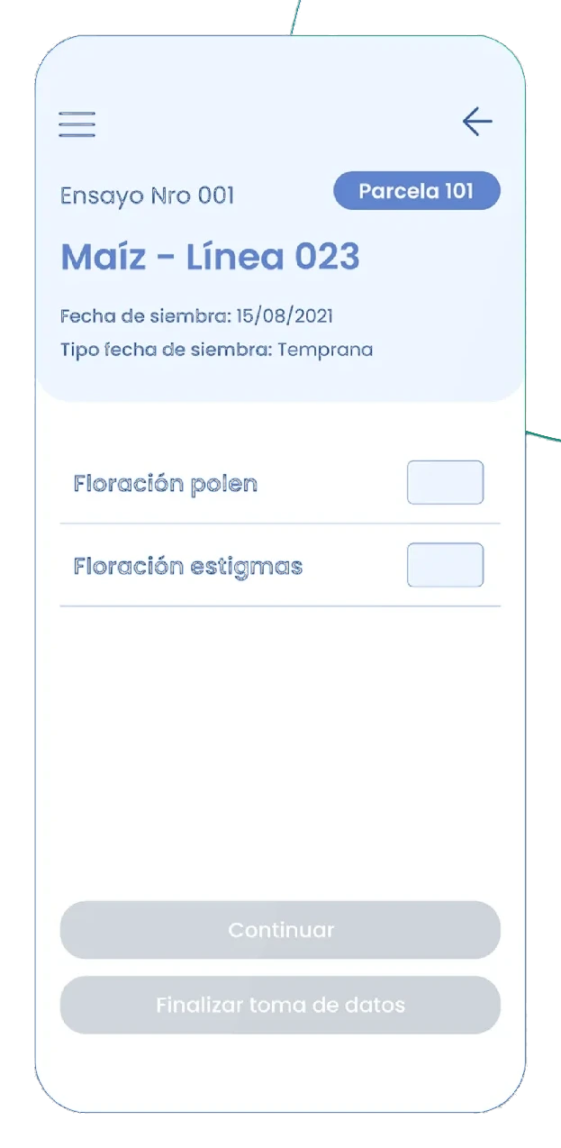 Prototipo de alta fidelidad: la pantalla terminada, con la cabecera del ensayo, la parcela y los campos de floración