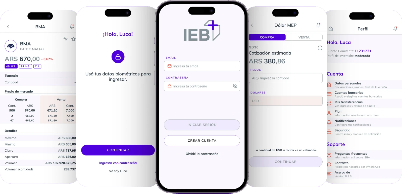 Cinco pantallas de IEB+: cotización de BMA, ingreso biométrico, inicio de sesión, dólar MEP y perfil del usuario