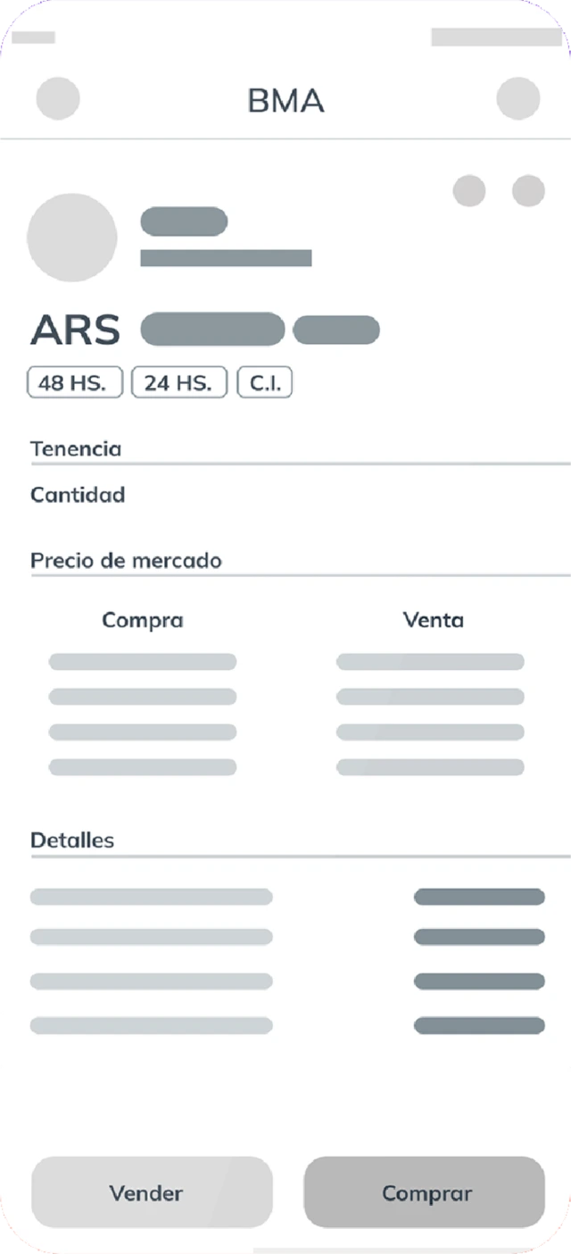 Prototipo en media fidelidad: la pantalla de BMA en grises, sin contenido real